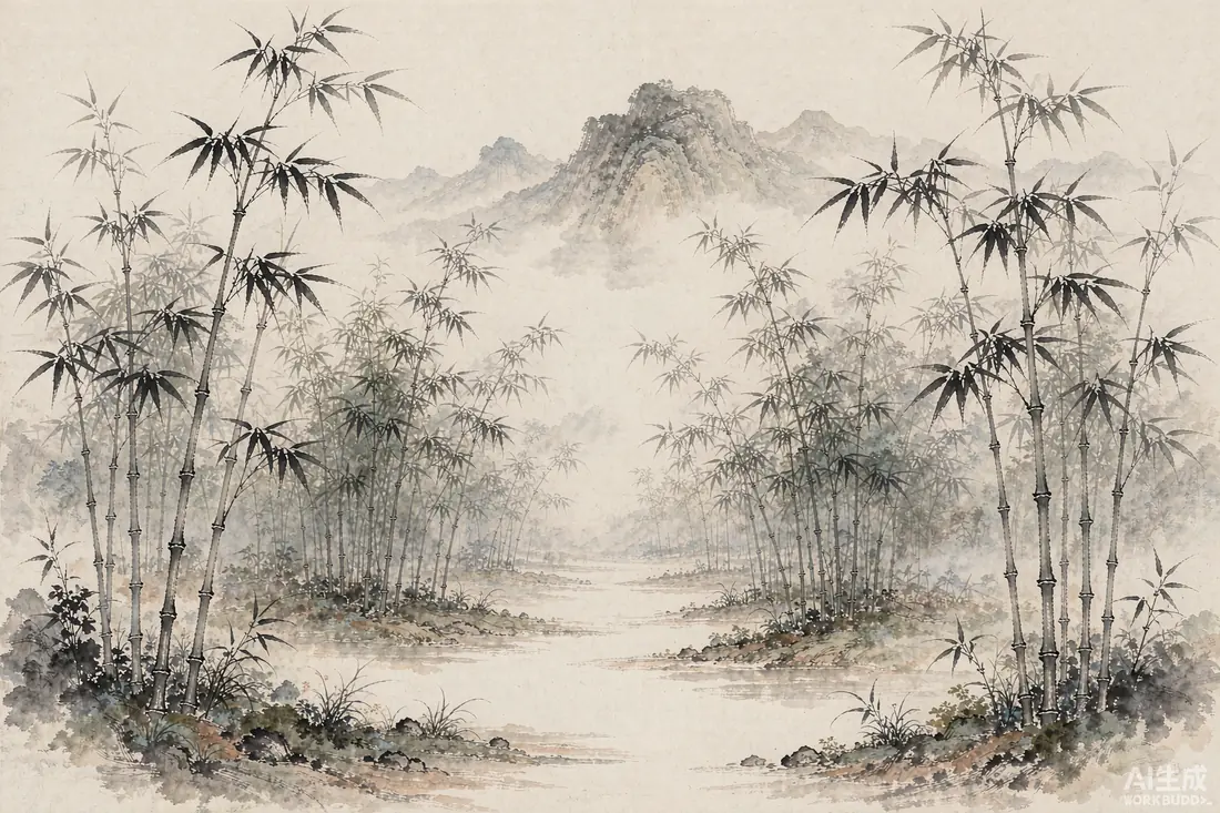 Traditional Chinese ink-wash bamboo forest and misty mountains